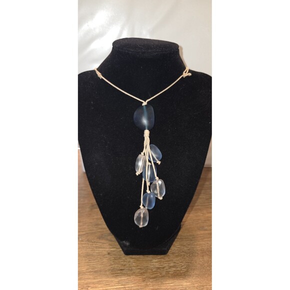 Blue & Clear Sea Glass Necklace On Slip Knot Rope Chain Adj From 16" To 34" - Picture 1 of 3